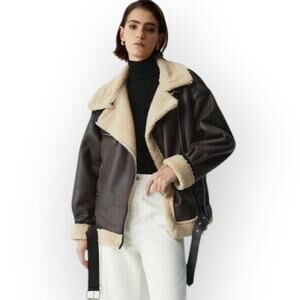 Commense Aviator Jacket Faux Leather Brown Shearling Coat M 6 Classic Chic